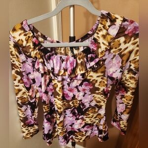 Essentials By Milano Small Mid Sleeve Purple Flower Brown Animal Print Blouse